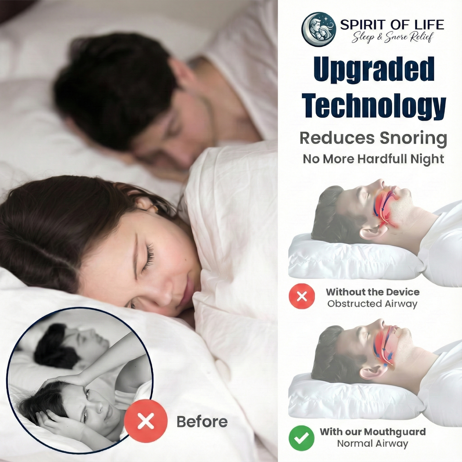 Illustration of quiet nights and improved sleep quality for partners using Spirit of Life snoring aid.