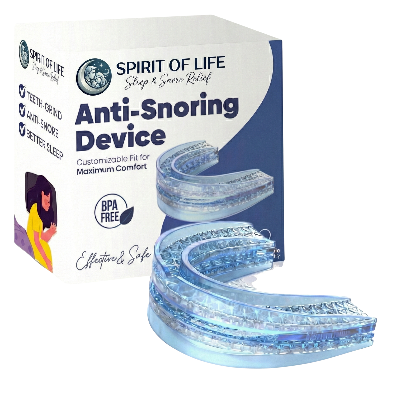 Spirit of Life adjustable anti-snoring mouthpiece with a 5-star rating and satisfaction guarantee.