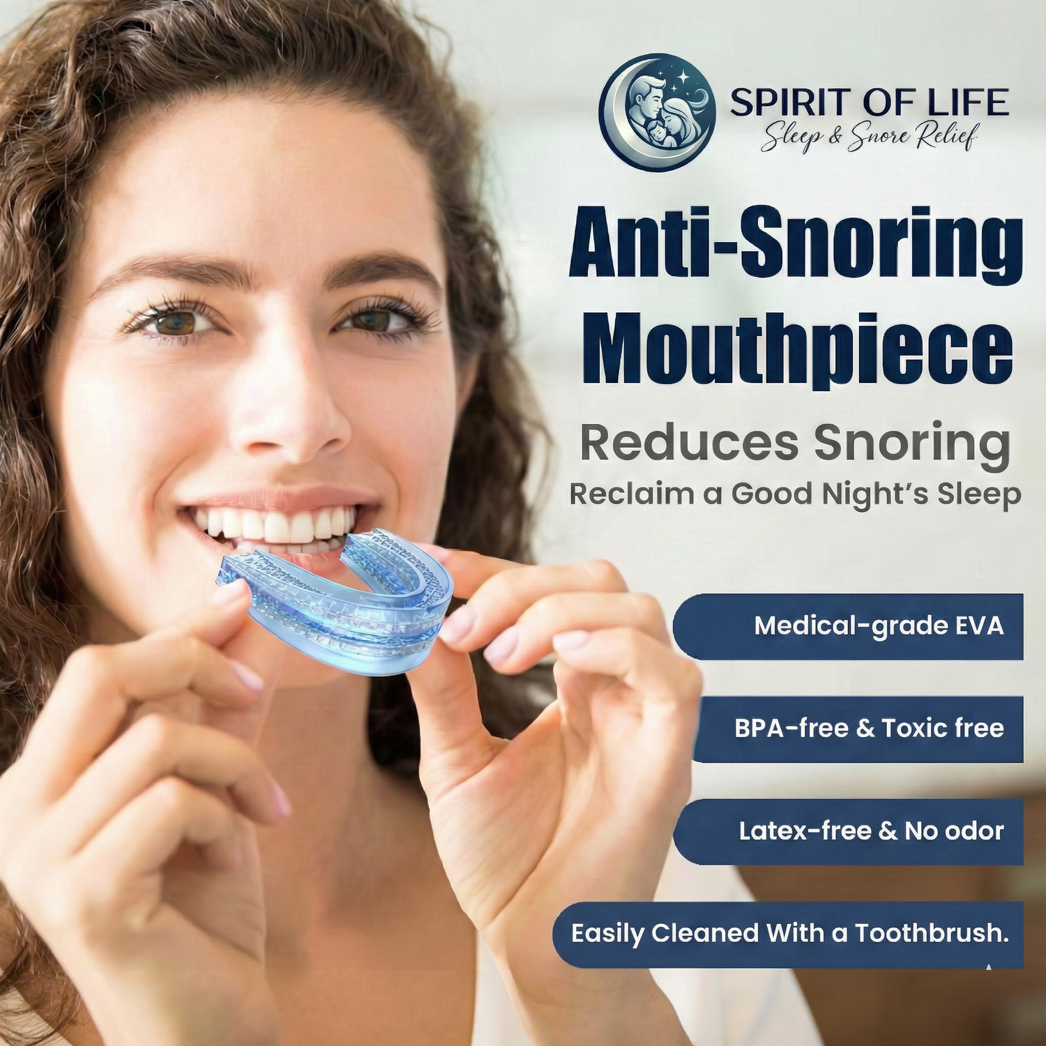 Product features including BPA-free materials, adjustable fit, and boil-and-bite technology for snoring relief.