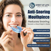 Product features including BPA-free materials, adjustable fit, and boil-and-bite technology for snoring relief.